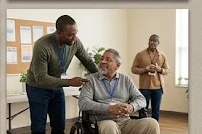 A peer worker speaks with an older adult who uses a wheelchair
