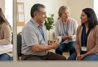 A peer worker and participant discuss a written action plan