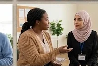 Community members from different backgrounds talk with peer-support staff
