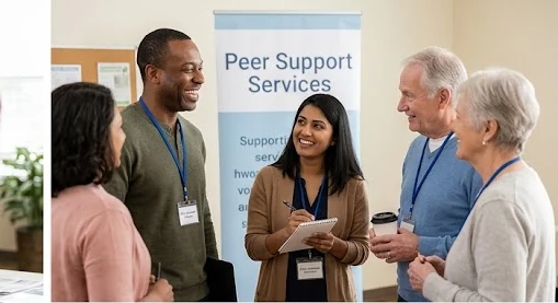 Peer-support staff and older adults talk in a welcoming community setting