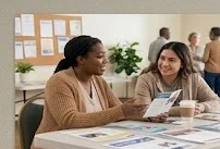 Two women review peer-support resources at a community table