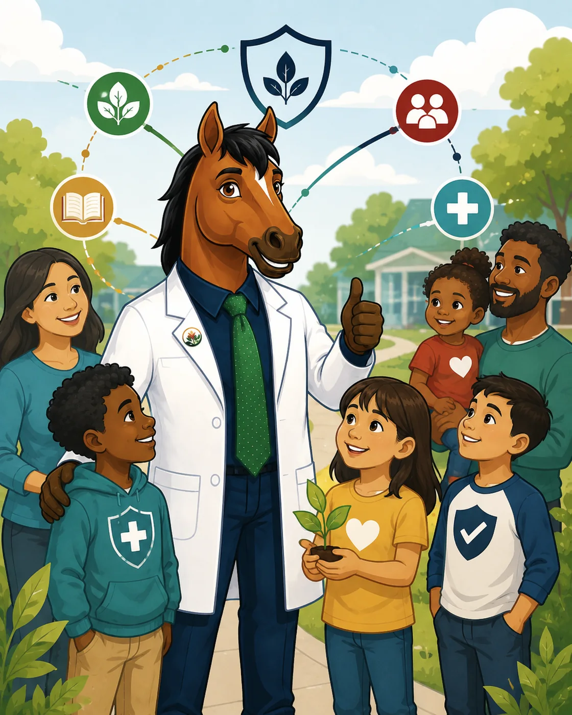 STRIDE with a diverse group of children and caregivers in a neighborhood setting, illustrating community connection and protective factors.