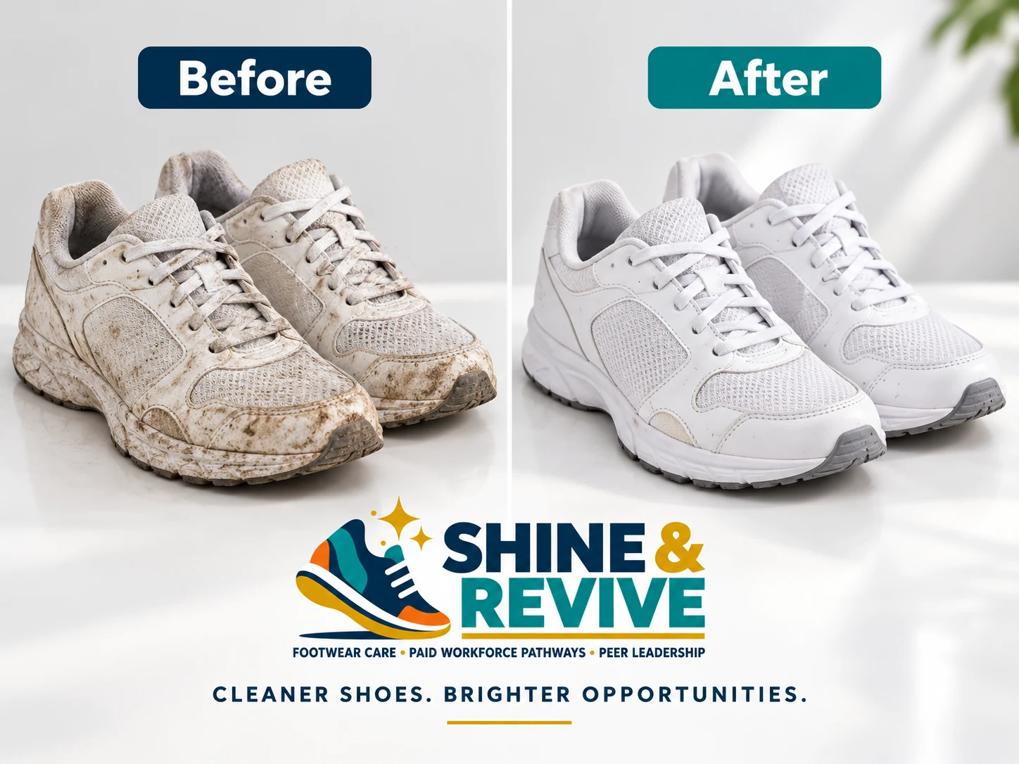 Concept before-and-after comparison of worn white shoes and a cleaner finished pair.