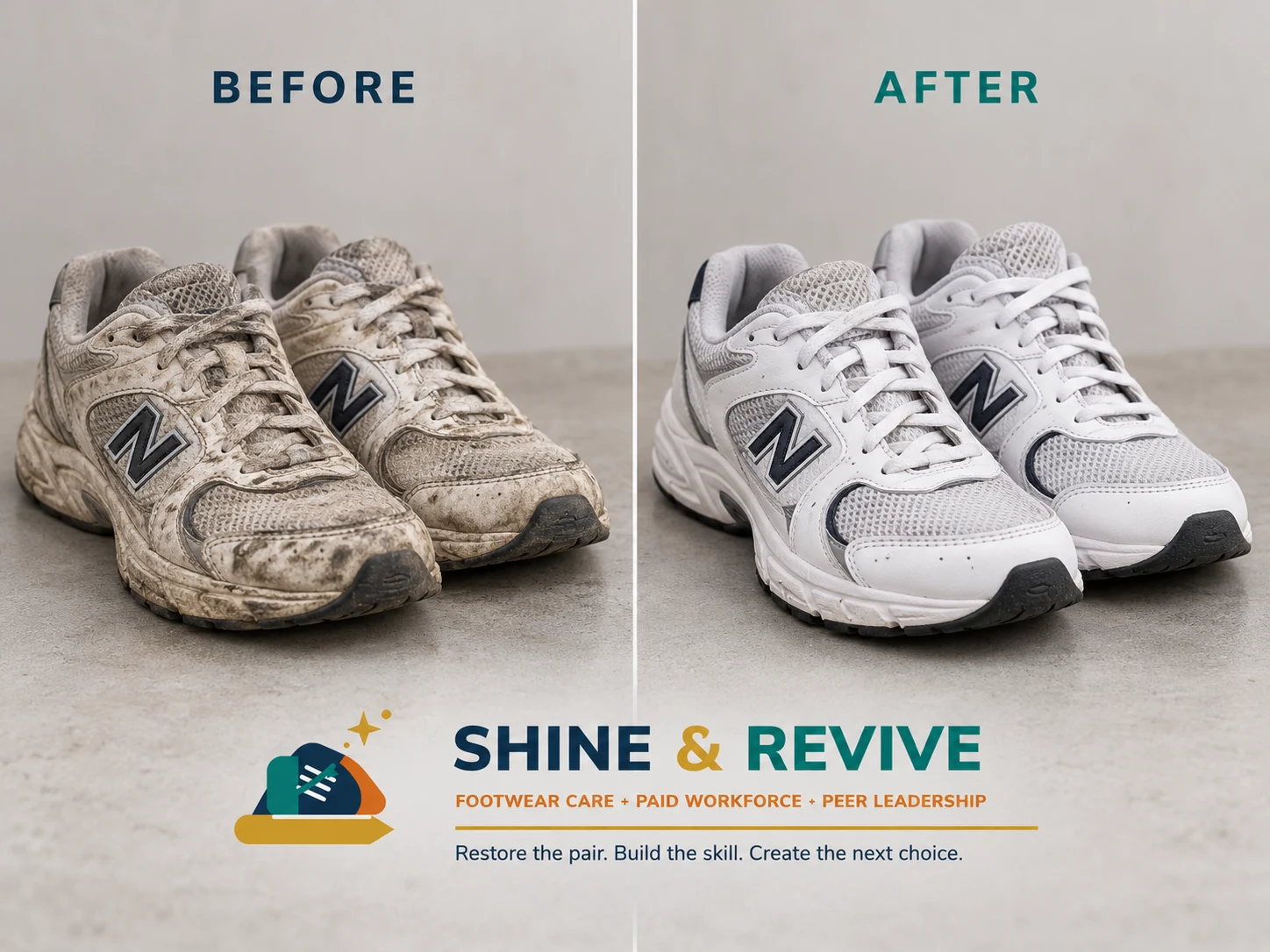 Concept before-and-after comparison of the same pair of white athletic shoes after footwear care.