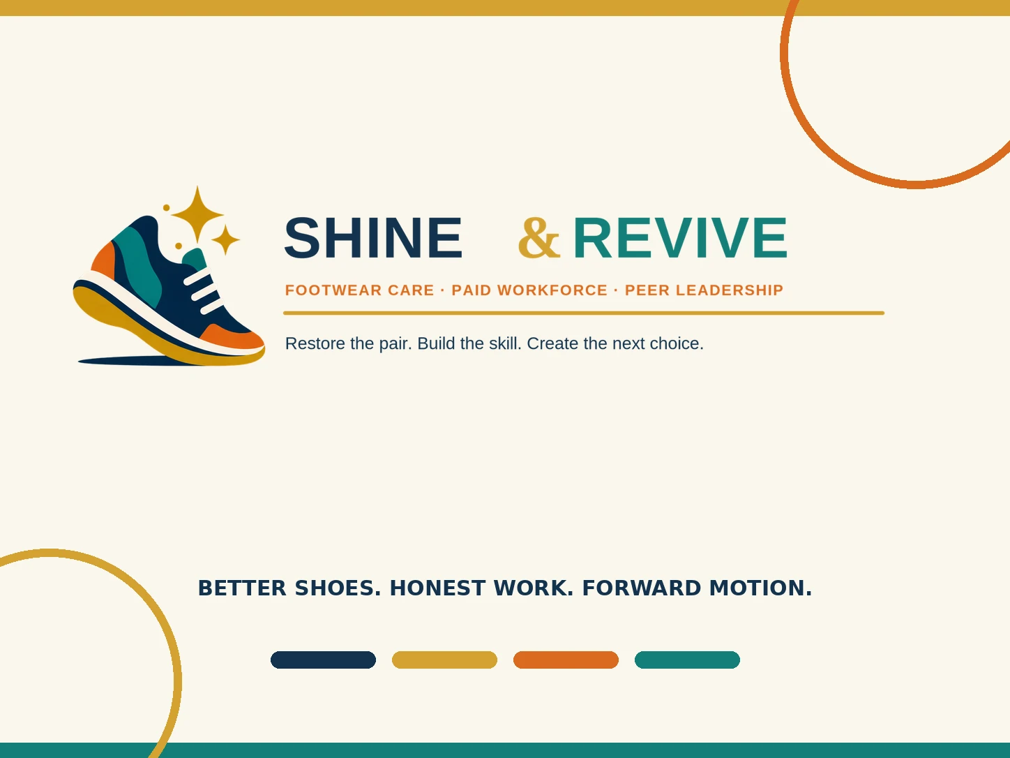 Shine and Revive footwear care, paid workforce pathways, and peer leadership brand mark.