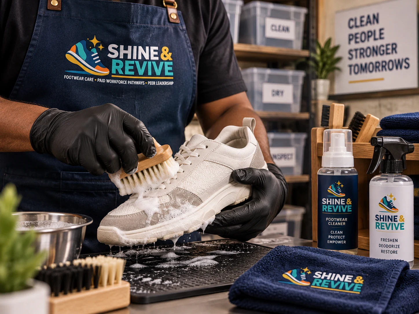 Concept visualization of gloved hands cleaning a sneaker with an approved brush at a protected workbench.