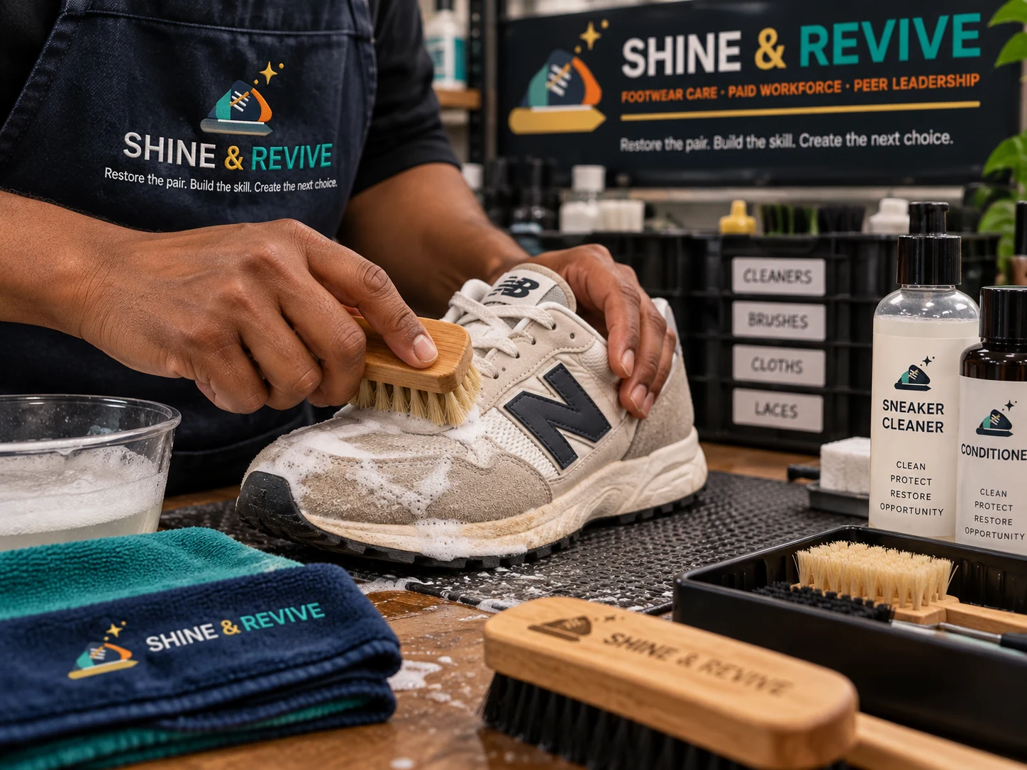 Concept close-up of a worker using a brush, cloths, and labeled footwear-care products.