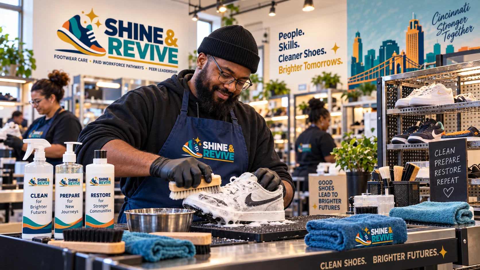 Concept visualization of a paid worker cleaning athletic shoes with gloves, labeled products, brushes, and towels.