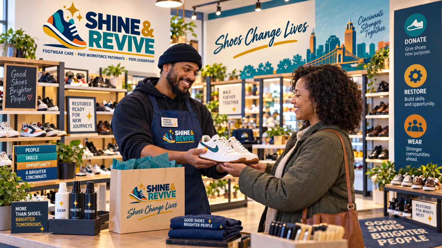 Concept visualization of a footwear associate returning a completed pair to a customer at the service counter.