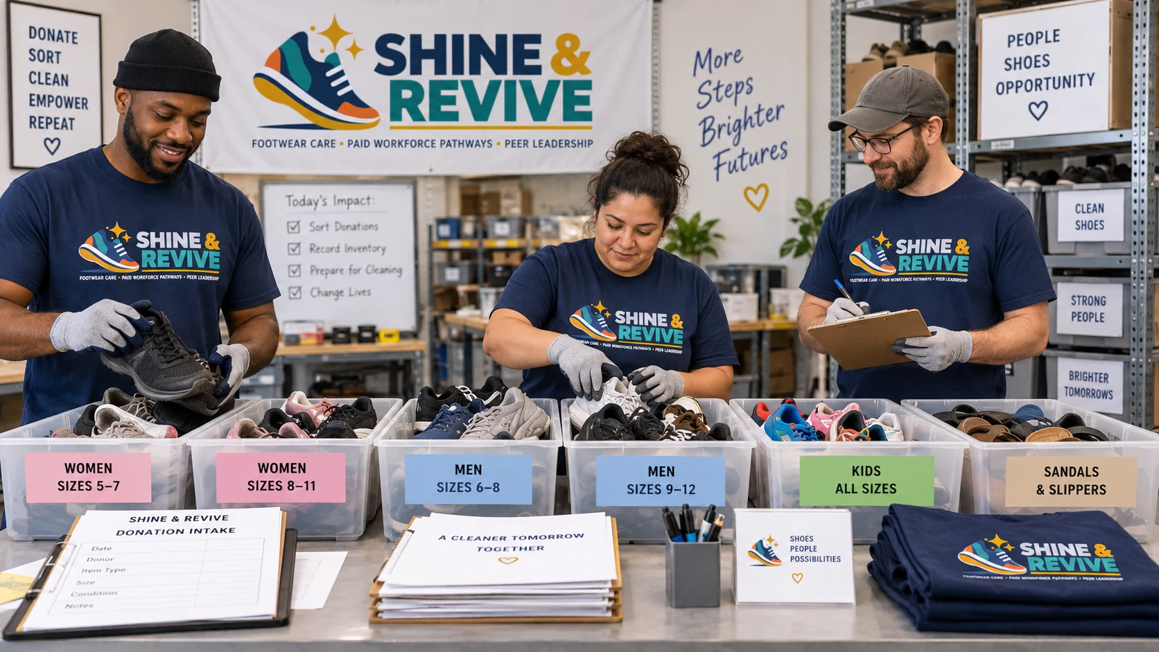 Concept visualization of a team screening and sorting donated shoes into labeled size categories.