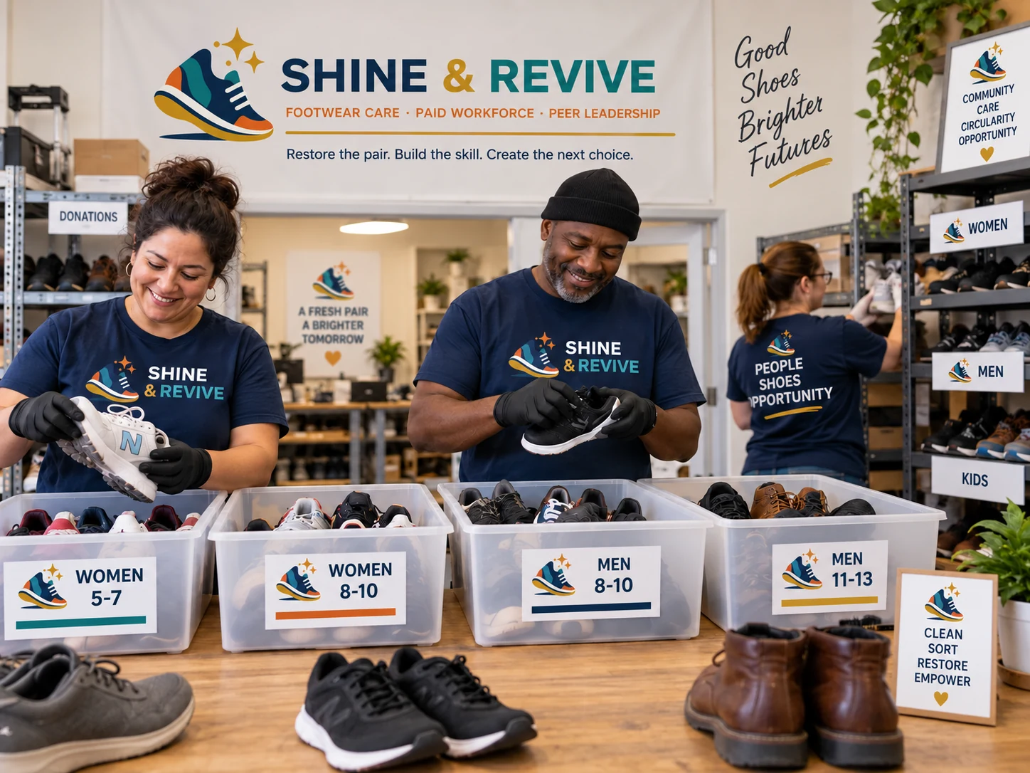 Concept visualization of adults screening and sorting community shoe donations at a controlled intake table.