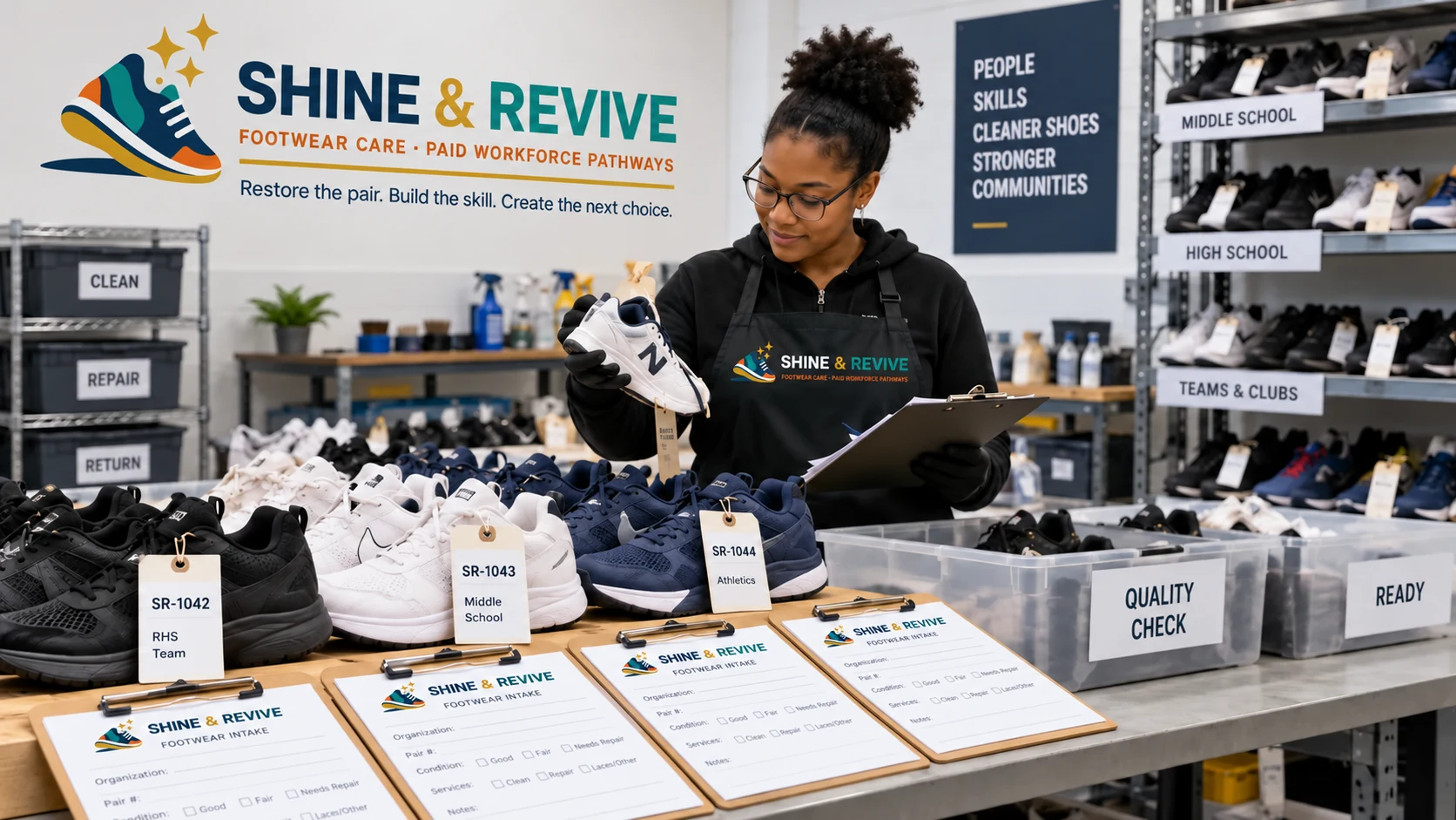 Concept visualization of an inventory coordinator inspecting tagged shoes and recording condition information.