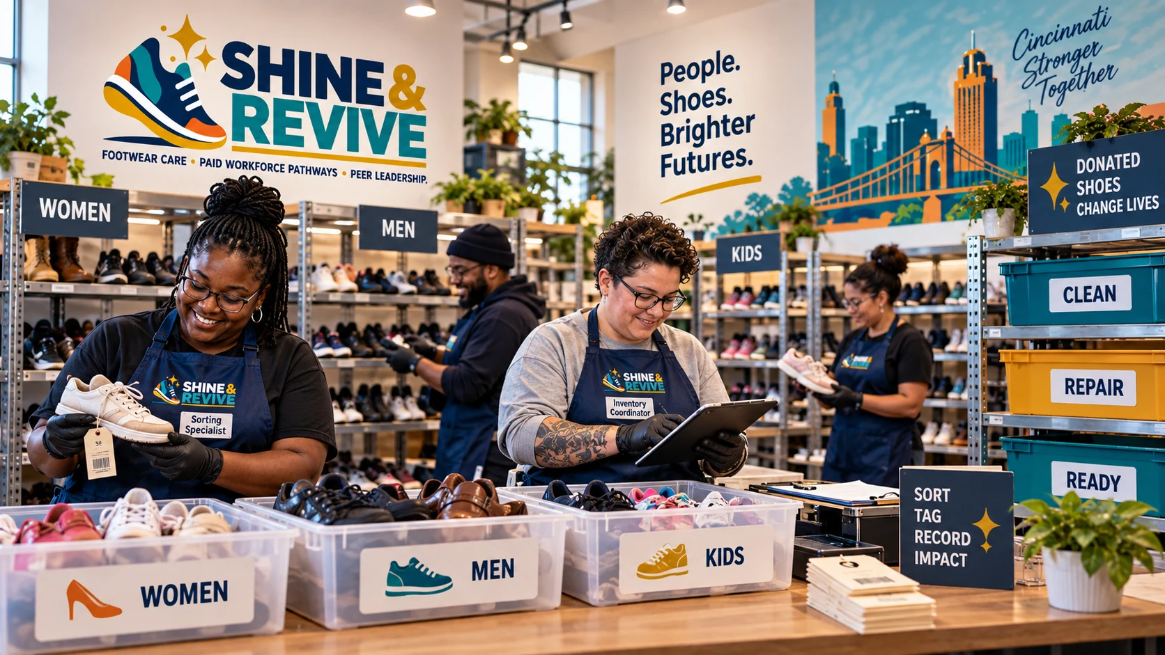 Concept visualization of workers sorting footwear by category and condition at an organized intake table.