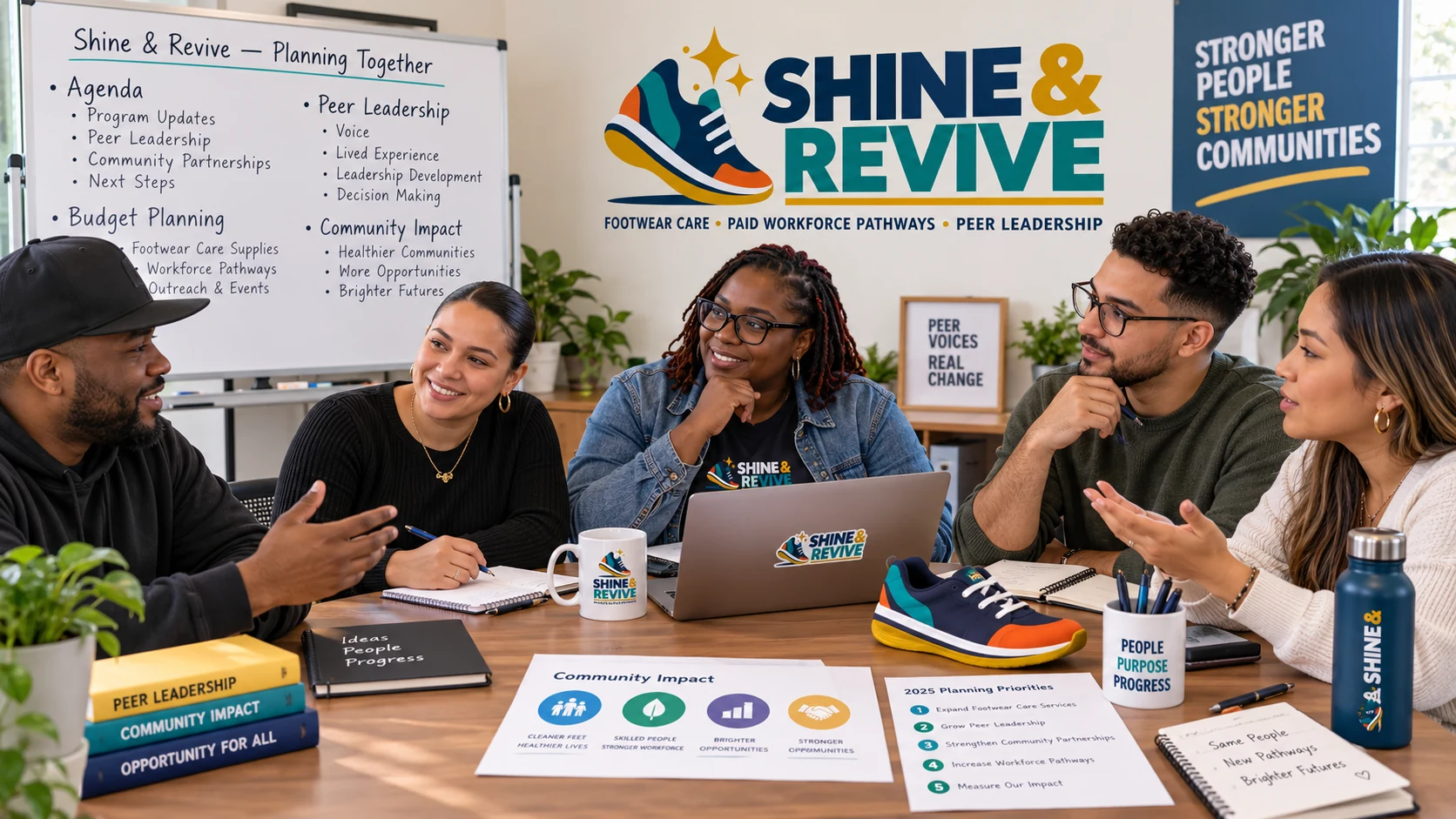 Concept visualization of a diverse peer leadership group reviewing program plans and community priorities.
