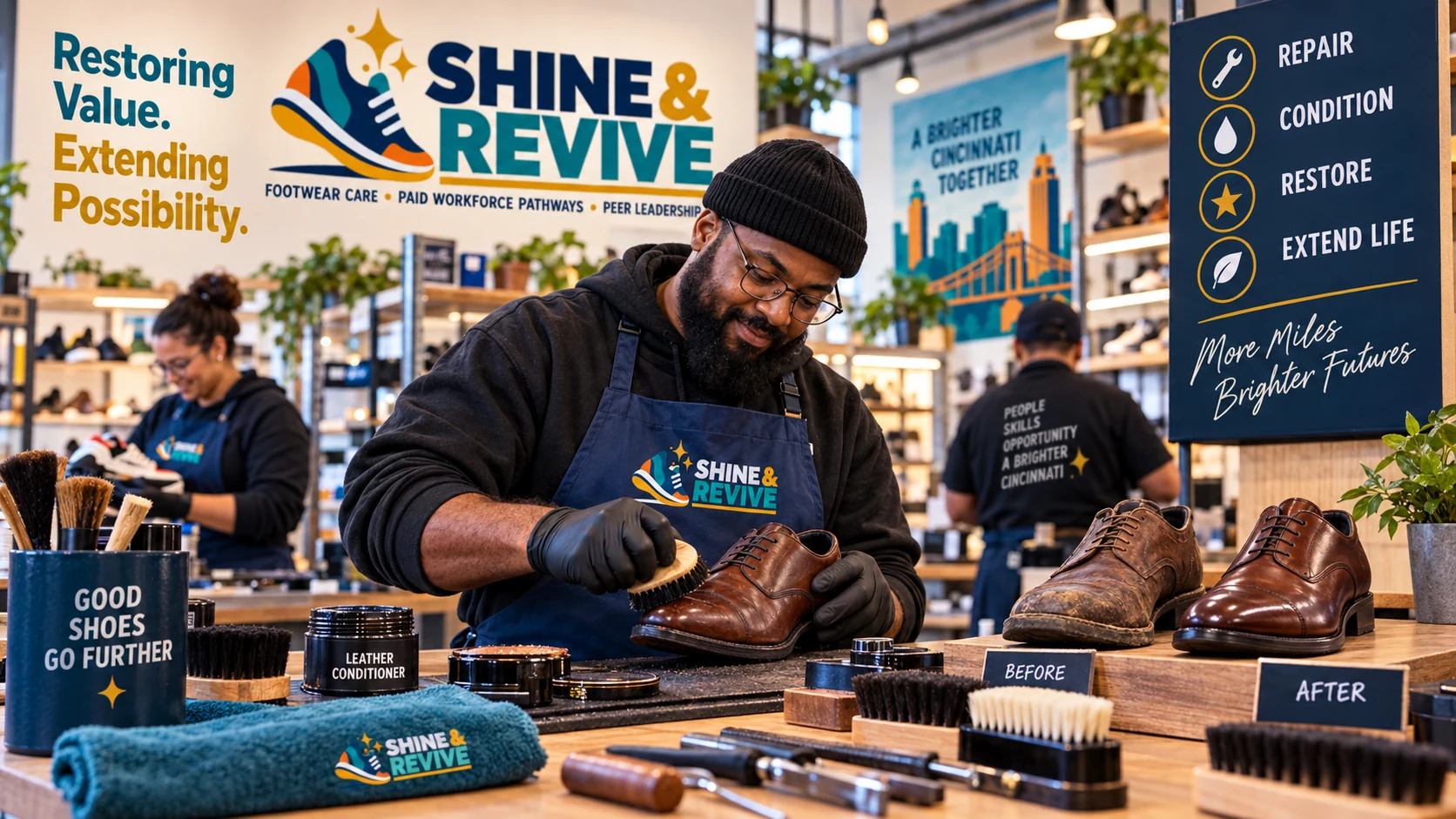 Concept visualization of an experienced worker conditioning and finishing a leather dress shoe.