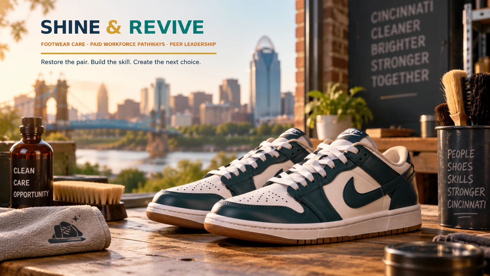 Concept product image of restored sneakers on a workbench with the Cincinnati skyline in the distance.