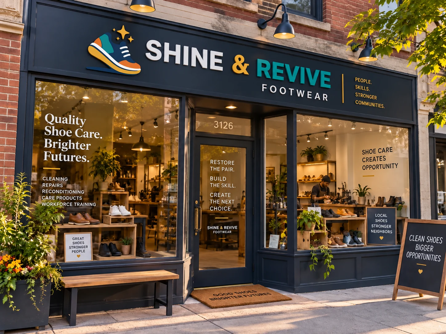 Concept visualization of a Shine and Revive store with retail display, service counter, and workshop space.