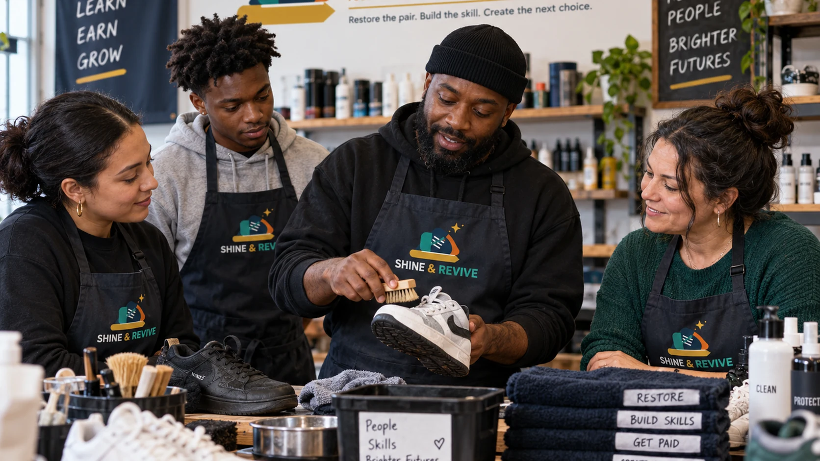 Concept visualization of a trainer coaching an adult team through footwear cleaning techniques.