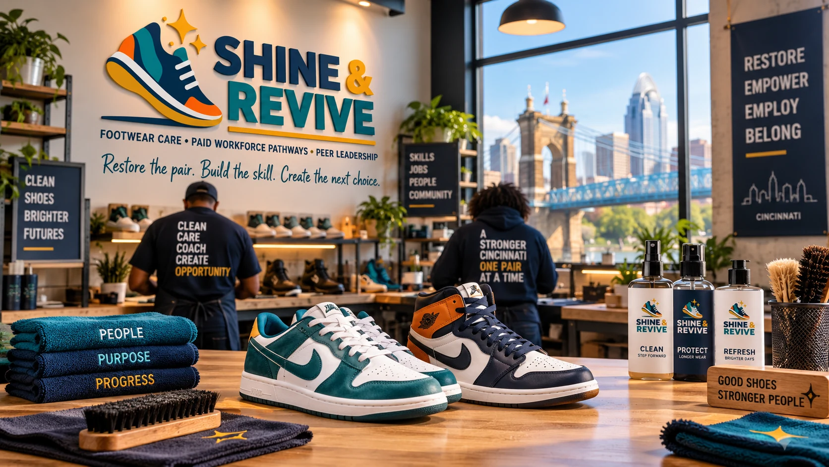 Concept visualization of a bright footwear-care workshop with adult workers and Cincinnati visible beyond the windows.