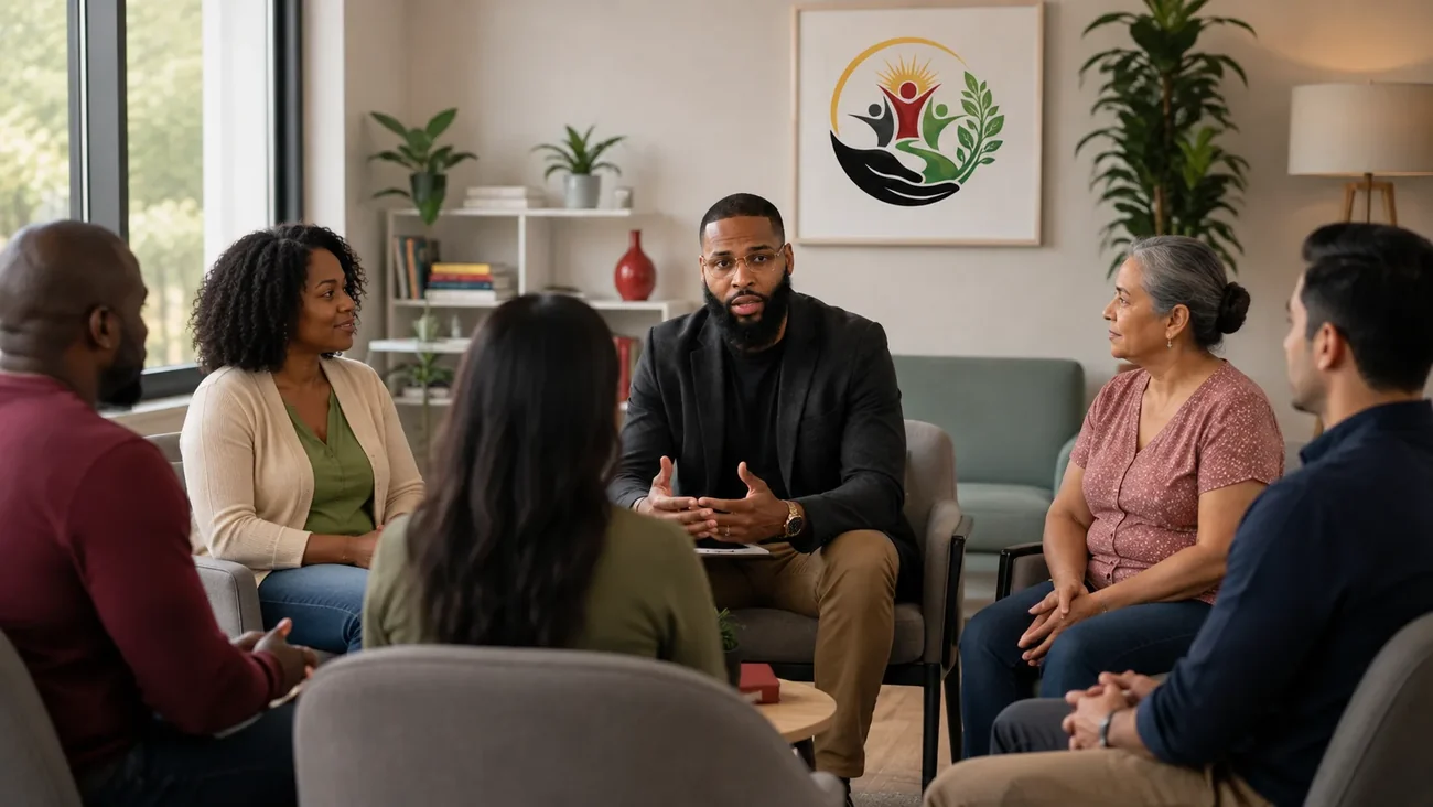 Illustrative scene of a facilitator and adults in a welcoming group conversation.