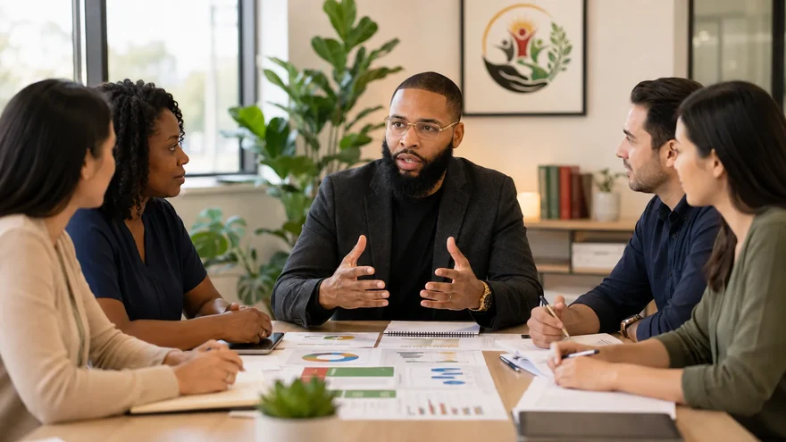 Illustrative scene of a team discussing materials around a table.