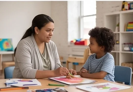 Illustrative scene of an adult and child using learning materials together.
