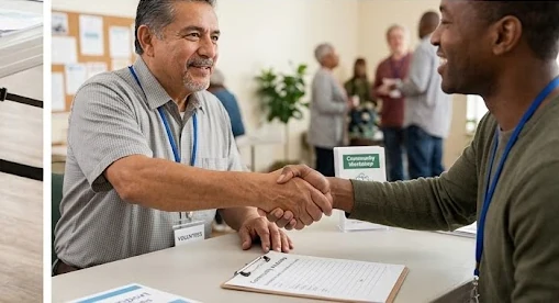 A community volunteer and peer worker completing a handshake beside resource materials