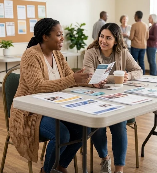 Two women discussing peer-support resources at a community table