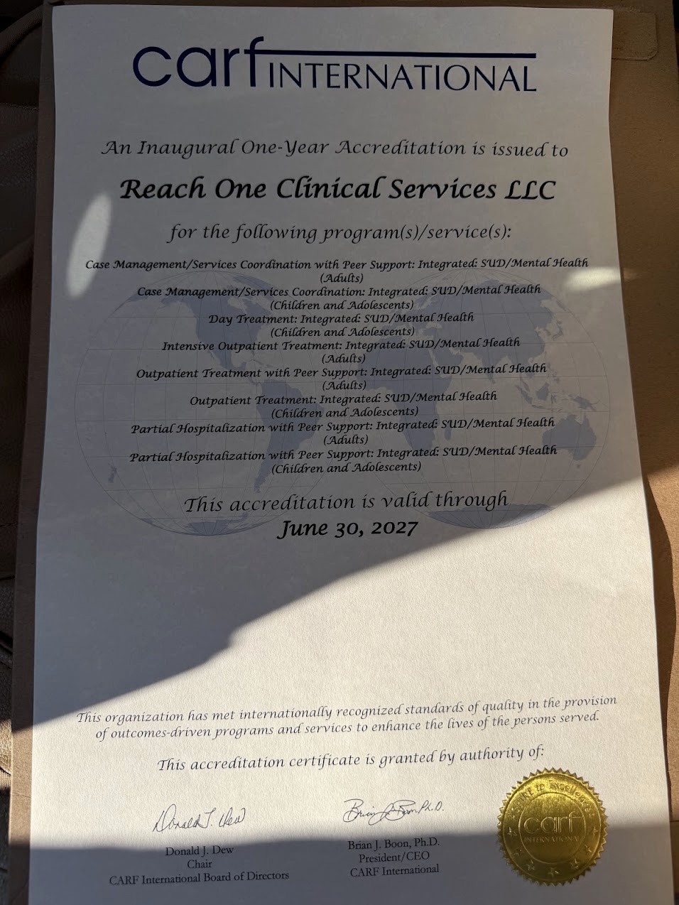 CARF International accreditation certificate for Reach One Clinical Services